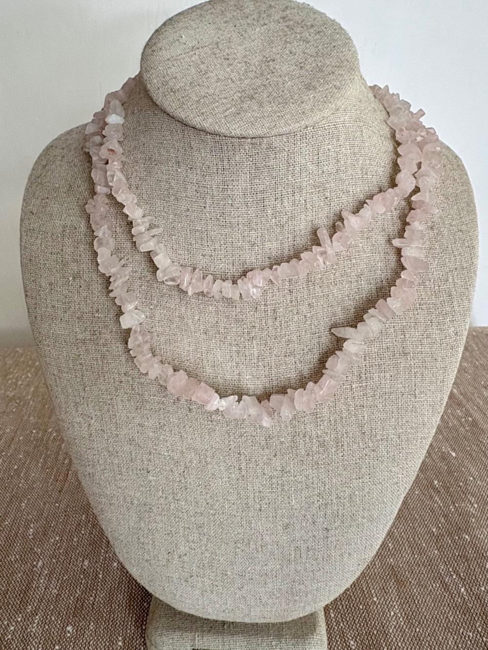 Vintage Rose Quartz Gemstone Boho Necklace Crystal Chip Continuous Strand